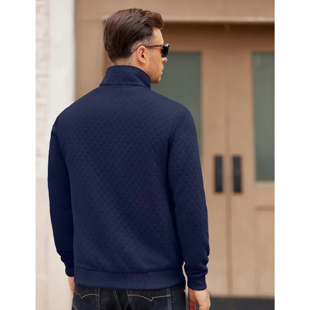 COOFANDY Men Navy Blue Zip Up Mock Neck Quilted Lightweight Sweater Jacket